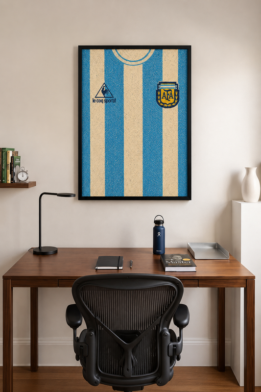 A framed wall art print of an Argentina soccer jersey with blue and cream vertical stripes, hanging above a wooden desk with a black office chair in a home office setting.