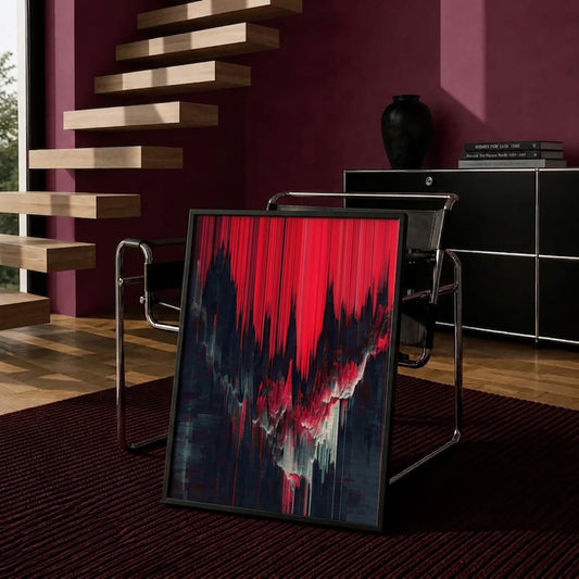 A framed abstract canvas print featuring a bold red and black paint-splatter design, displayed in a modern living room setting on a dark rug in front of a chair.