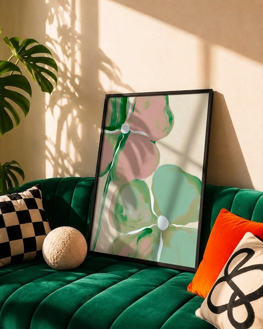 Framed abstract floral wall art leaning on a green velvet sofa in a styled living room. The artwork features soft pink, mint green, and white organic shapes with a black frame.