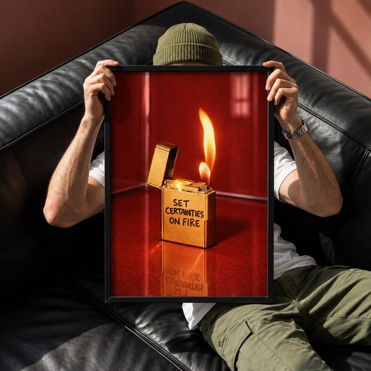 A person reclining on a black leather couch holds up a framed art print. The print features a gold lighter with the text 'SET CERTANTIES ON FIRE' next to a lit orange and yellow flame against a red background.