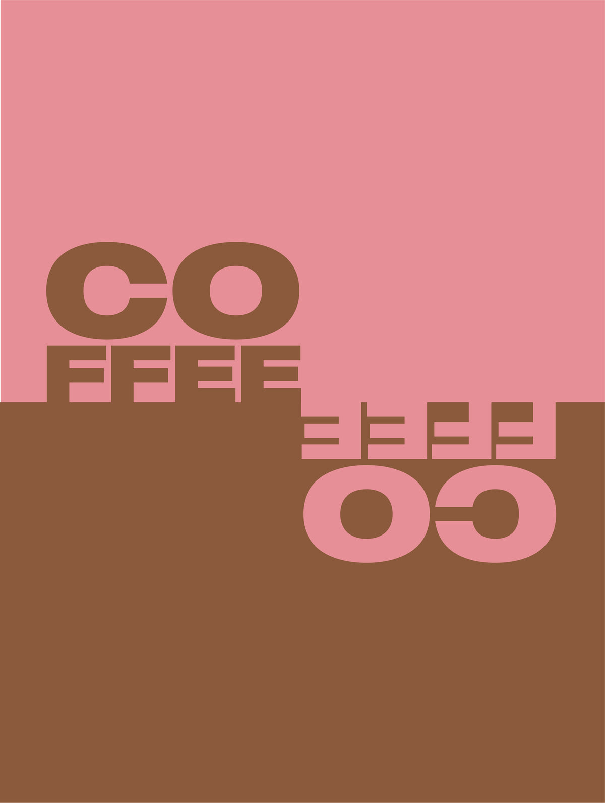 A minimalist graphic print with a pink and brown color-blocked background and stylized text reading 'COFFEE' in layered geometric lettering.