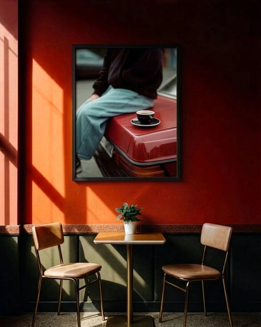 A framed art print depicting a person sitting on a red car with a coffee cup, displayed on a warm red wall in a cafe setting with two chairs and a small table.