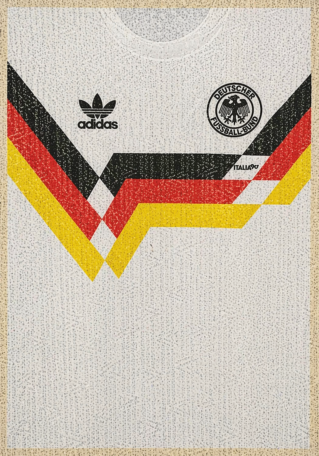 A close-up of a white Adidas Germany soccer jersey featuring the black, red, and yellow German flag stripes forming a V-shape across the chest, alongside the Adidas logo and the DFB crest.