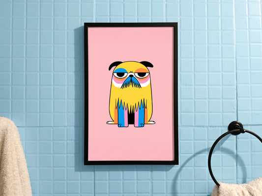 A framed art print featuring a stylized yellow cartoon character with colorful sunglasses on a pink background, hanging on a light blue tiled wall.