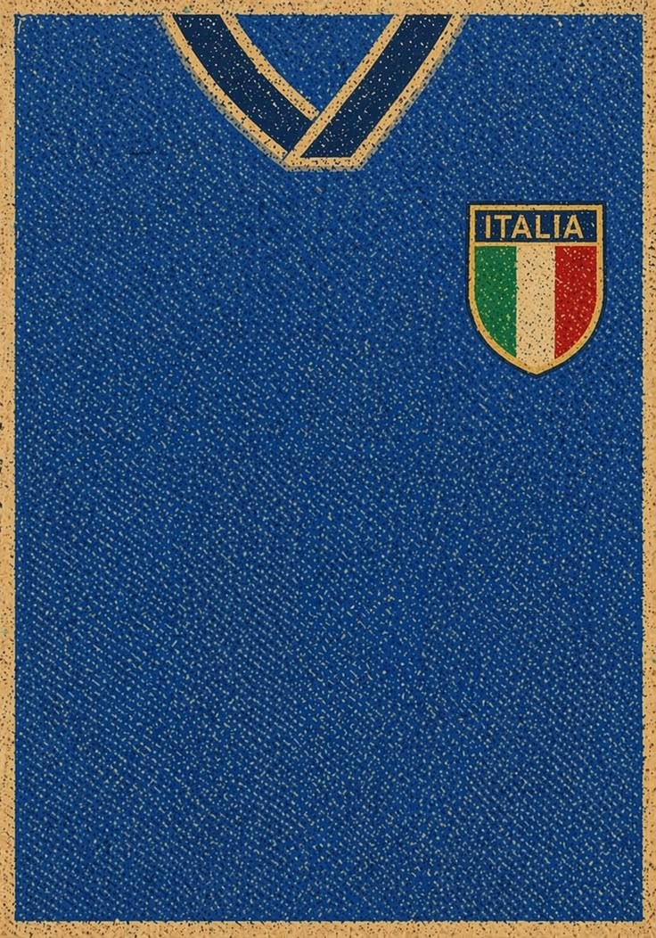 A close-up of a blue textured soccer jersey with a gold V-neck trim and an Italy crest on the chest.