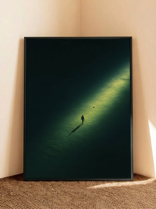 A framed art print leaning against a beige wall on a woven rug. The print depicts a high-angle photograph of a lone figure walking on a dark green field under a bright yellow-green spotlight.