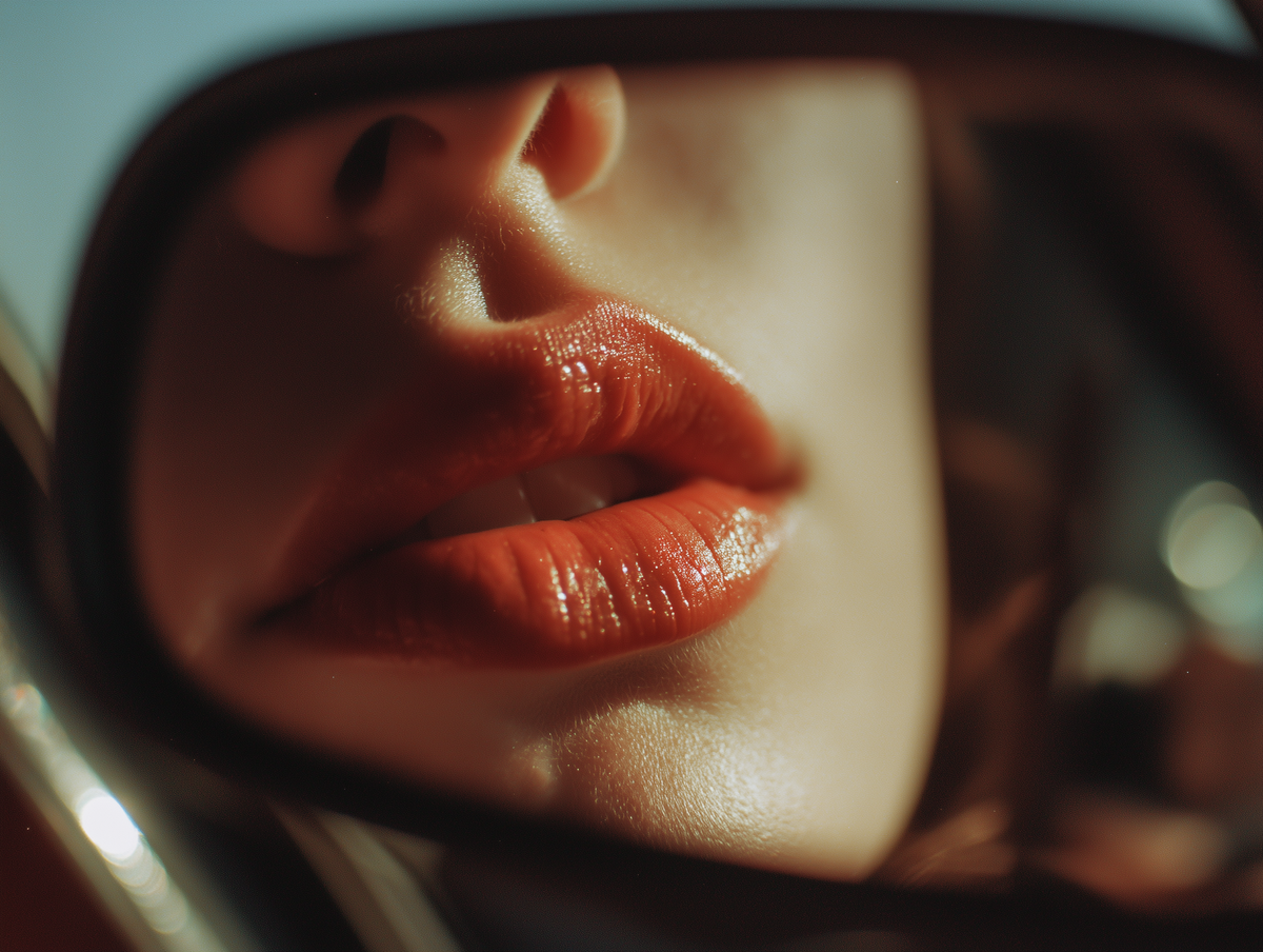 Close-up of a person's lips in a mirror reflection