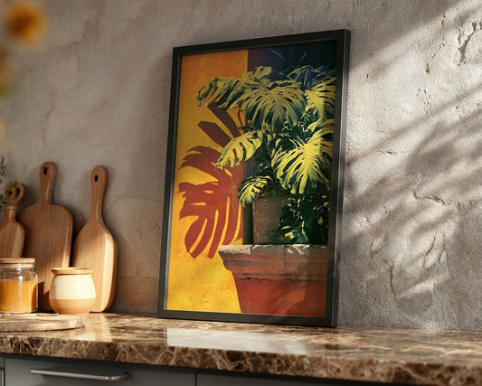 A framed wall art print leaning on a marble countertop against a textured plaster wall. The artwork shows a potted green plant in a terracotta pot against a warm yellow and orange background with a red leaf shadow.