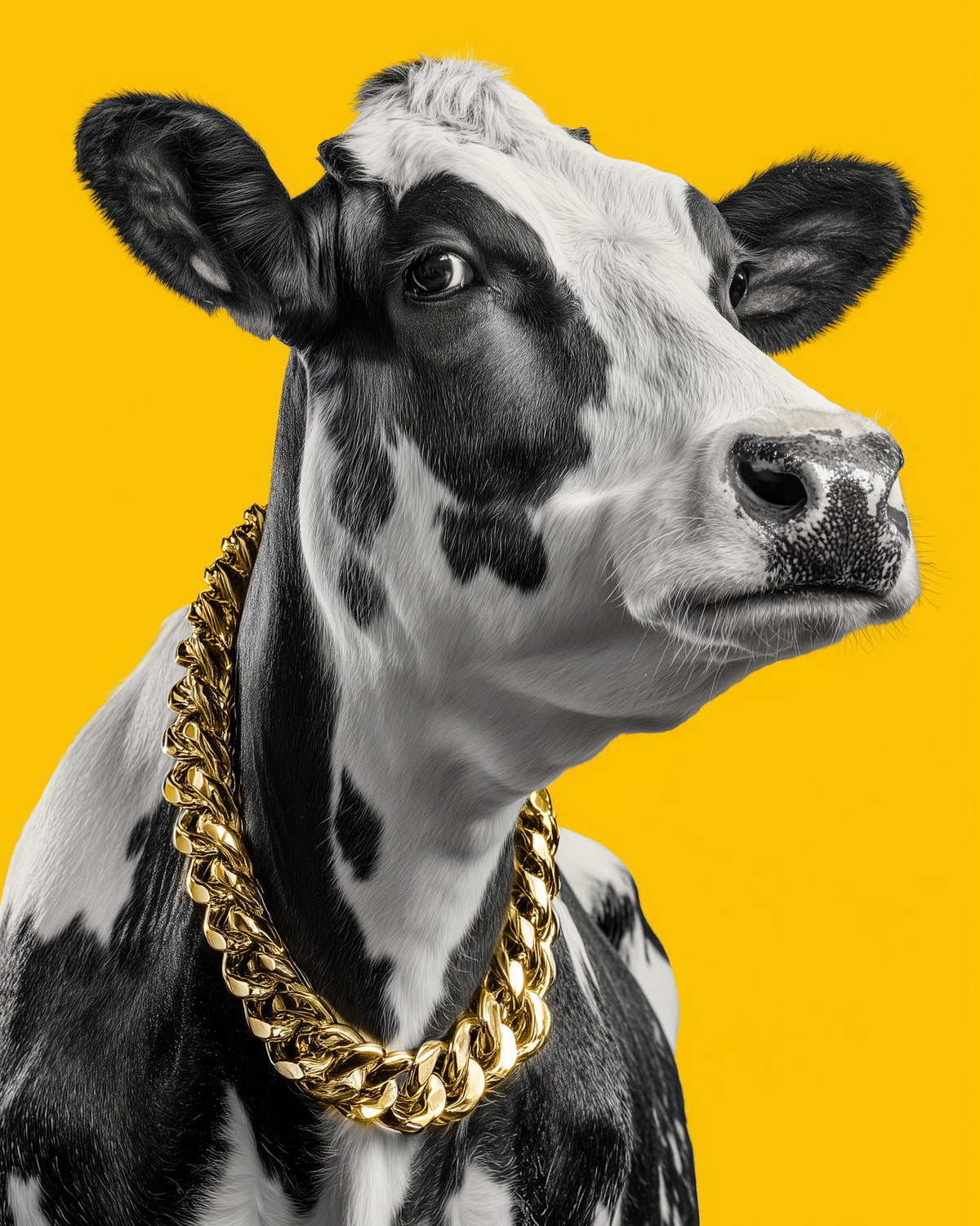 A black-and-white cow wearing a thick gold chain necklace, shown in a close-up portrait against a solid bright yellow background.
