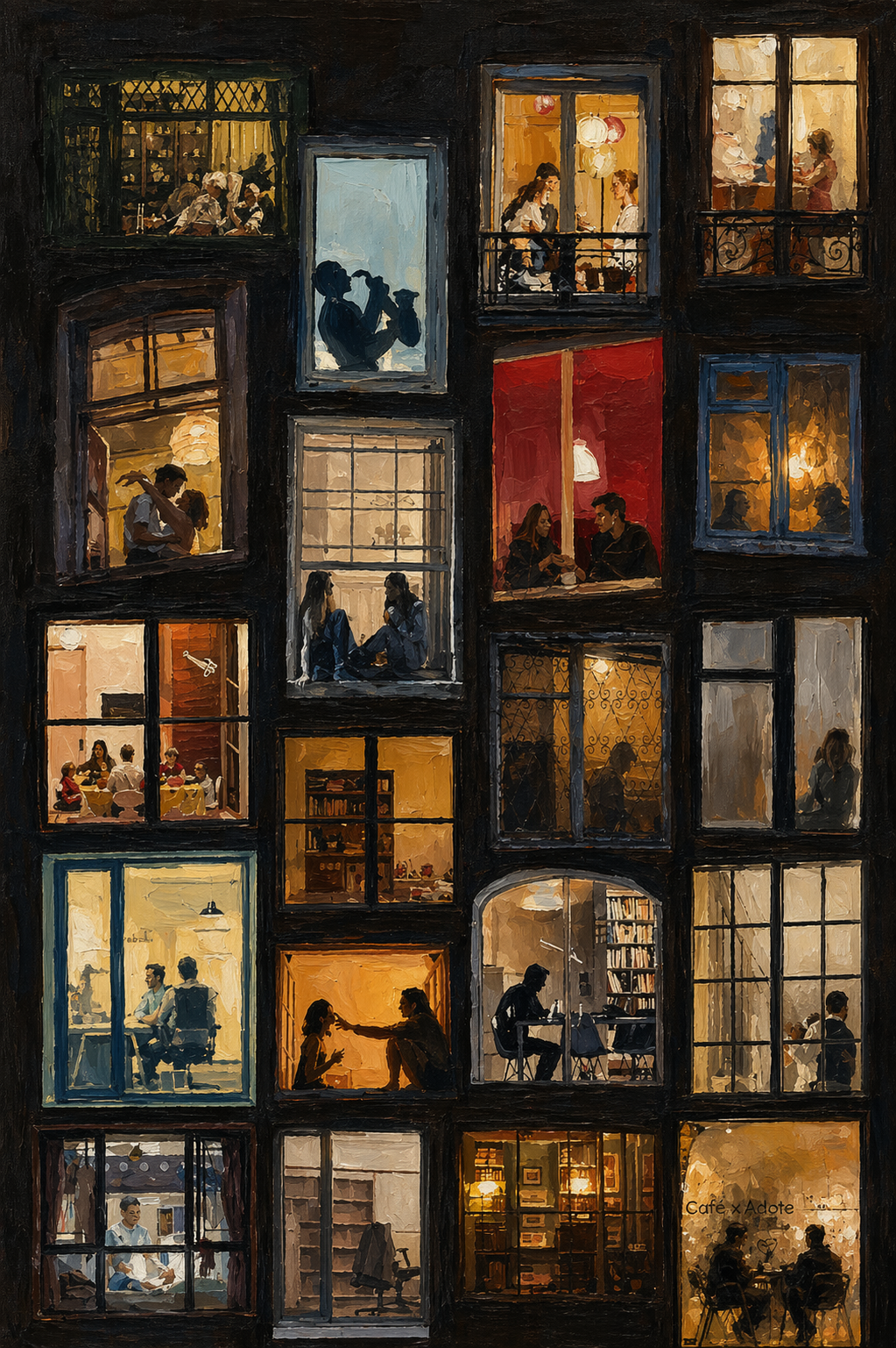 A dark, painterly artwork depicting a grid of many window panes, each showing silhouetted people and warm yellow, orange, and red lights inside. The scene reads like a collage of interior moments viewed from outside, with no visible product packaging and no real photographed environment.