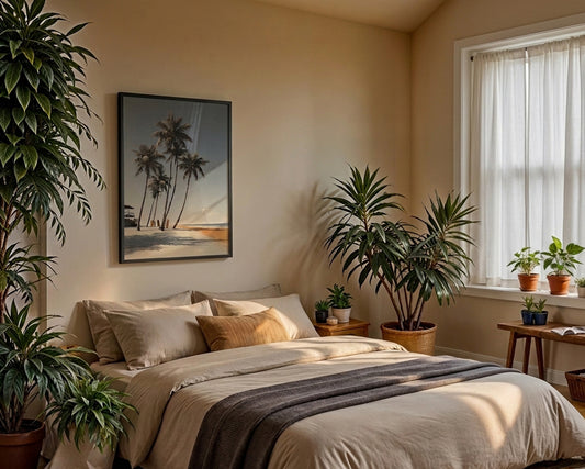 A styled bedroom scene with a bed dressed in beige linens and a dark throw blanket, surrounded by several potted plants. On the beige wall above the bed hangs a framed tropical beach print with palm trees.