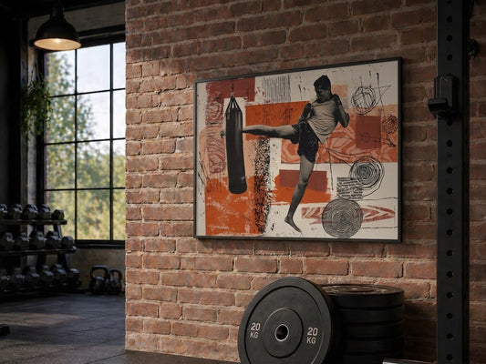 A framed wall art print depicting a boxer kicking a punching bag, displayed on a brick wall in a gym setting with weights and a window in the background.