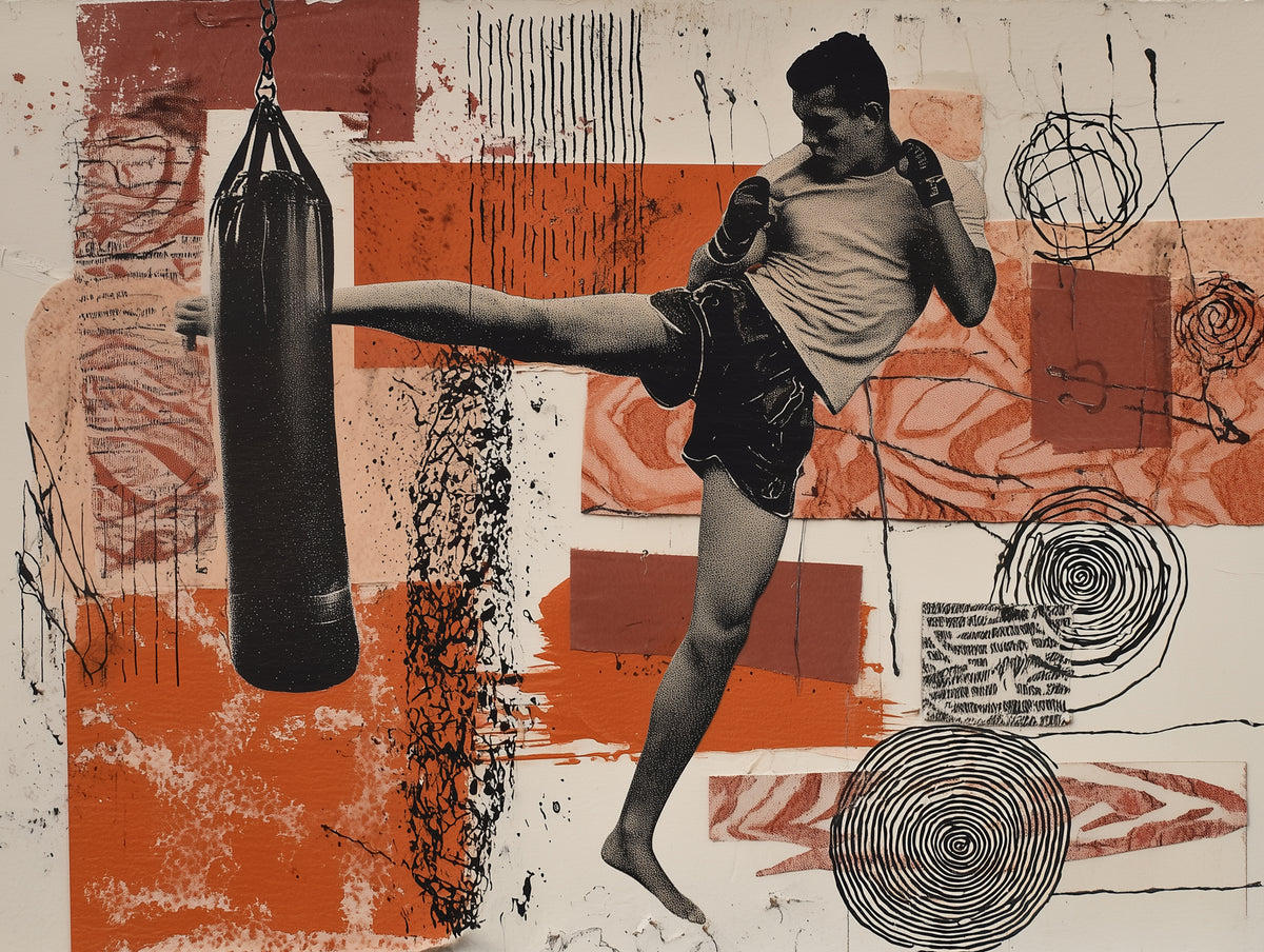 An abstract art print depicting a vintage photograph of a boxer kicking a heavy punching bag, rendered in a collage style with orange, black, and beige tones.