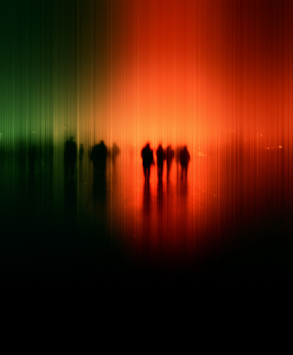 Abstract vertical-striped artwork with a glowing red-orange center fading into green on the left and black at the bottom, with small silhouetted human figures near the middle.