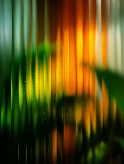 An abstract vertical blurred composition with streaks of green, yellow, orange, and dark shadow tones, resembling a soft-focus natural scene or decorative art print.