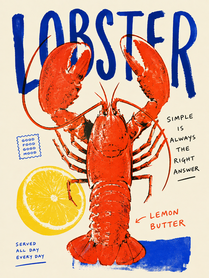 A graphic art print featuring a stylized red lobster on a cream background, with the word 'LOBSTER' in large blue letters at the top, a yellow lemon slice illustration on the left, and playful text including 'SIMPLE IS ALWAYS THE RIGHT ANSWER' and 'LEMON BUTTER'.