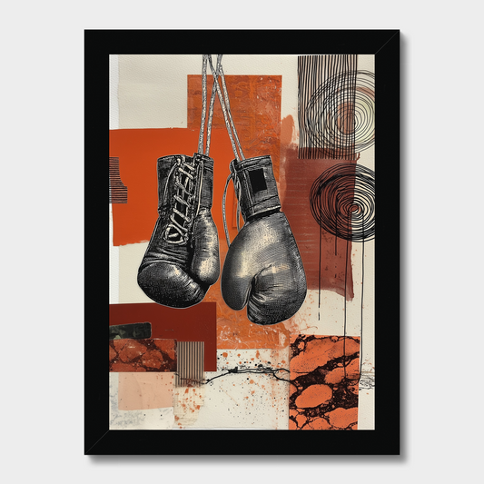 Framed wall art featuring a stylized illustration of two black boxing gloves hanging against an abstract background of orange, beige, and black geometric shapes and line patterns.