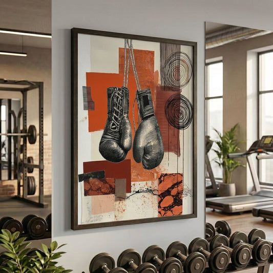 Framed abstract boxing art print hanging on a gym wall, featuring black boxing gloves, orange geometric blocks, and black line art, with dumbbells and a treadmill visible in the background.