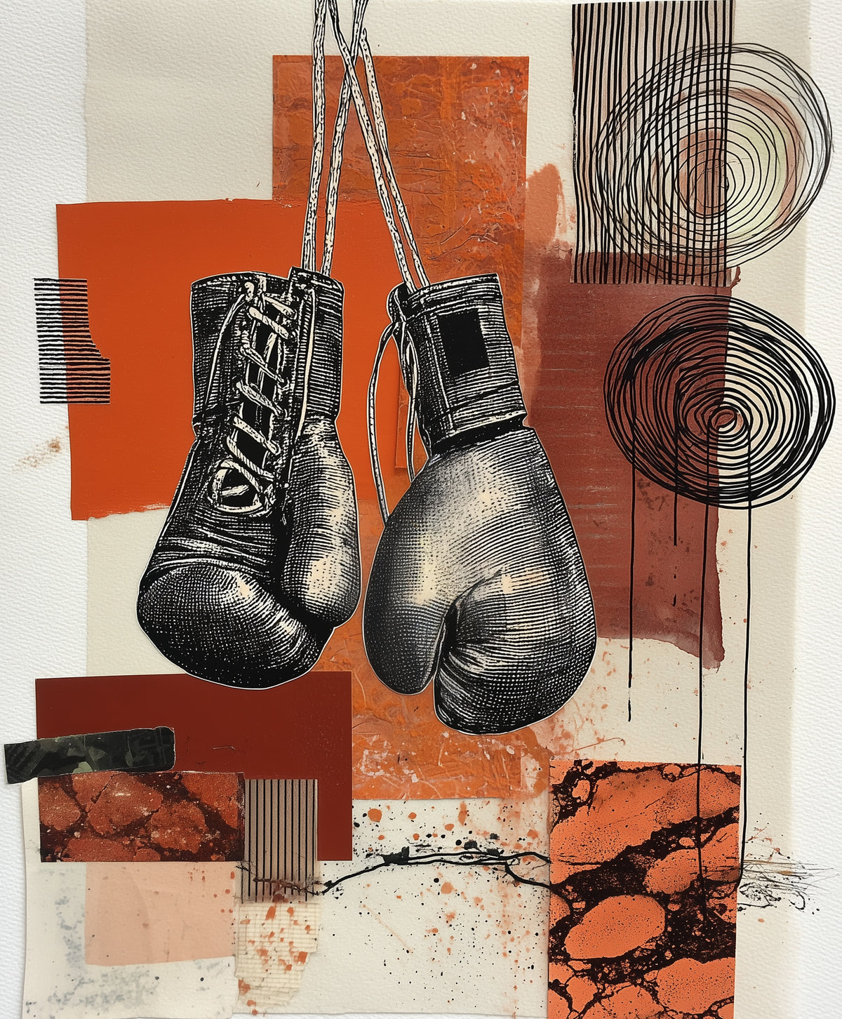 Abstract mixed-media artwork featuring two black-and-white illustrated boxing gloves hanging from strings over layered geometric blocks and circular line patterns in rust orange, beige, and black.