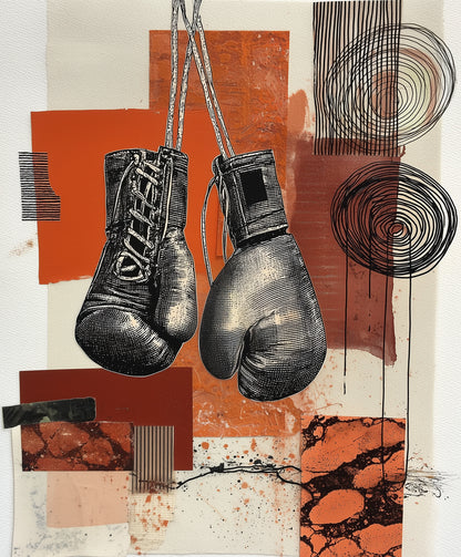Abstract mixed-media artwork featuring two black-and-white illustrated boxing gloves hanging from strings over layered geometric blocks and circular line patterns in rust orange, beige, and black.