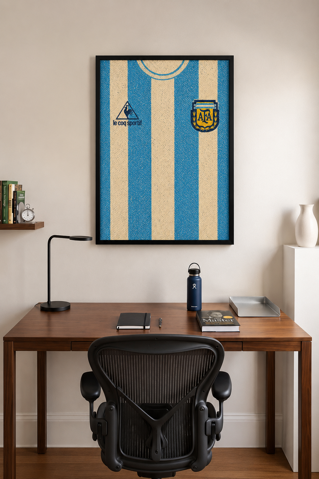 A framed wall art print of an Argentina soccer jersey with blue and cream vertical stripes, hanging above a wooden desk with a black office chair in a home office setting.