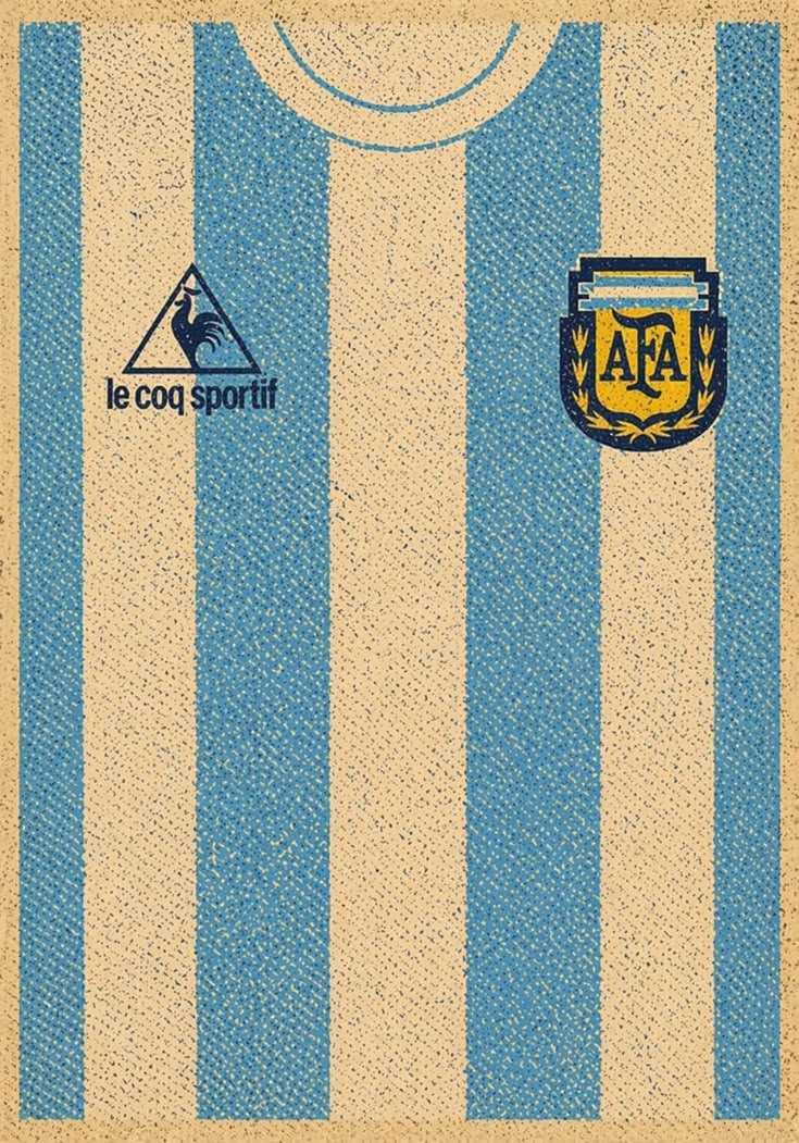 A textured graphic print of an Argentina national football team home jersey, featuring light blue and cream vertical stripes with the Le Coq Sportif logo on the right chest and the AFA crest on the left chest.
