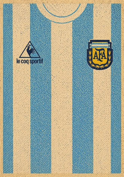 A textured graphic print of an Argentina national football team home jersey, featuring light blue and cream vertical stripes with the Le Coq Sportif logo on the right chest and the AFA crest on the left chest.
