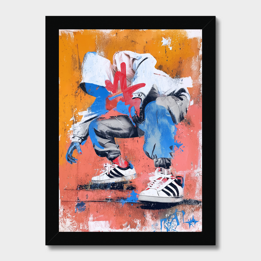 Framed artwork of a person in colorful clothing and sneakers on an abstract background