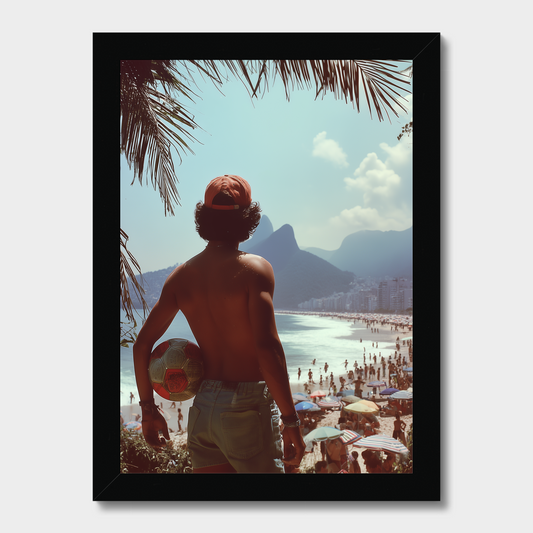 Man on a beach holding a surfboard with palm trees and mountains in the background