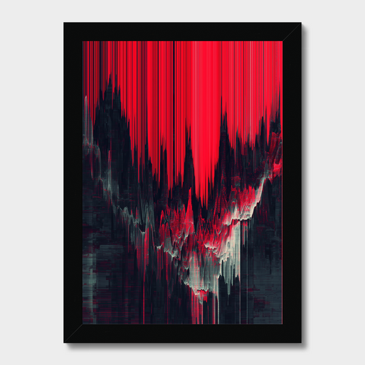 A framed abstract art print featuring a bold red and black vertical glitch-like pattern with gray highlights, presented in a black frame against a light gray background.
