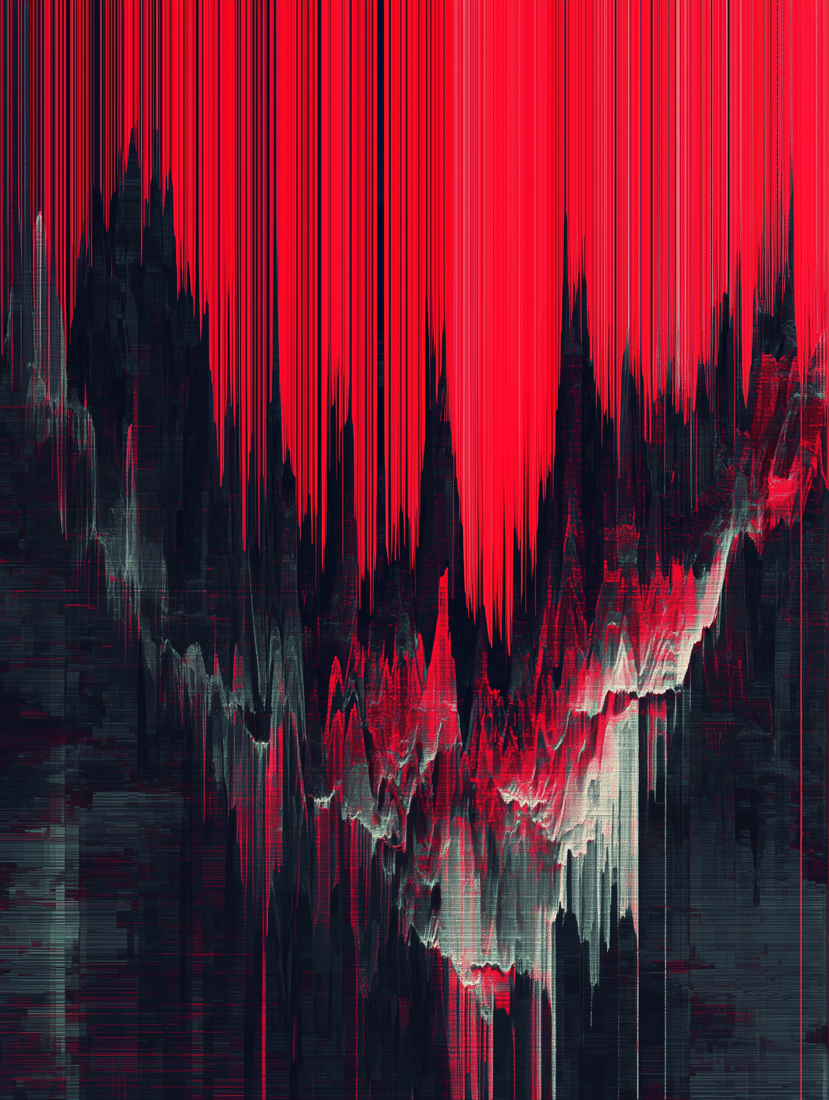 Abstract digital art print featuring a bold red and black glitch pattern with vertical streaks and pixelated distortion.