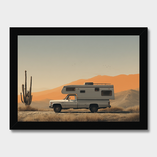 Framed artwork of a truck with a camper shell in a desert landscape.