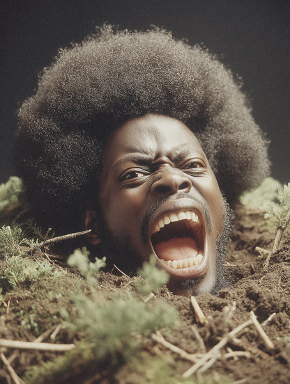 A close-up portrait of a Black man with a large dark afro hairstyle, screaming with his mouth wide open, emerging from dark soil with small green plants around him against a dark background.