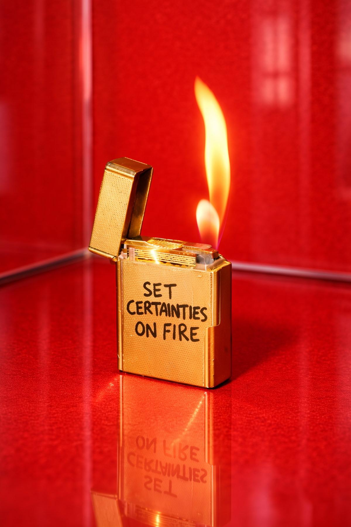 A gold lighter with the phrase 'SET CERTAINTIES ON FIRE' printed on its side, shown open with a bright flame rising against a glossy red background.