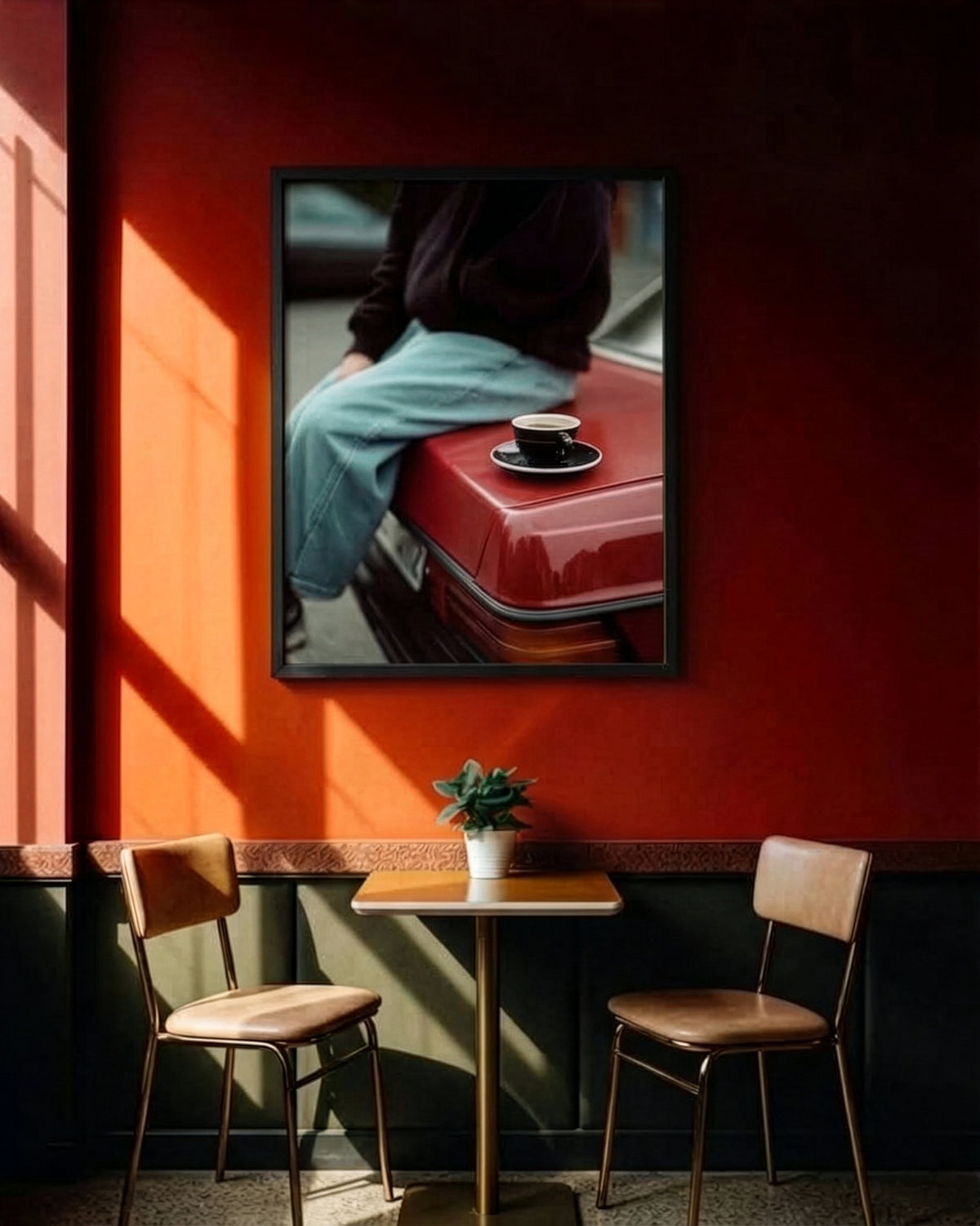 A framed art print depicting a person sitting on a red car with a coffee cup, displayed on a warm red wall in a cafe setting with two chairs and a small table.