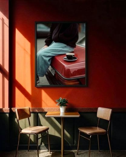 A framed art print depicting a person sitting on a red car with a coffee cup, displayed on a warm red wall in a cafe setting with two chairs and a small table.