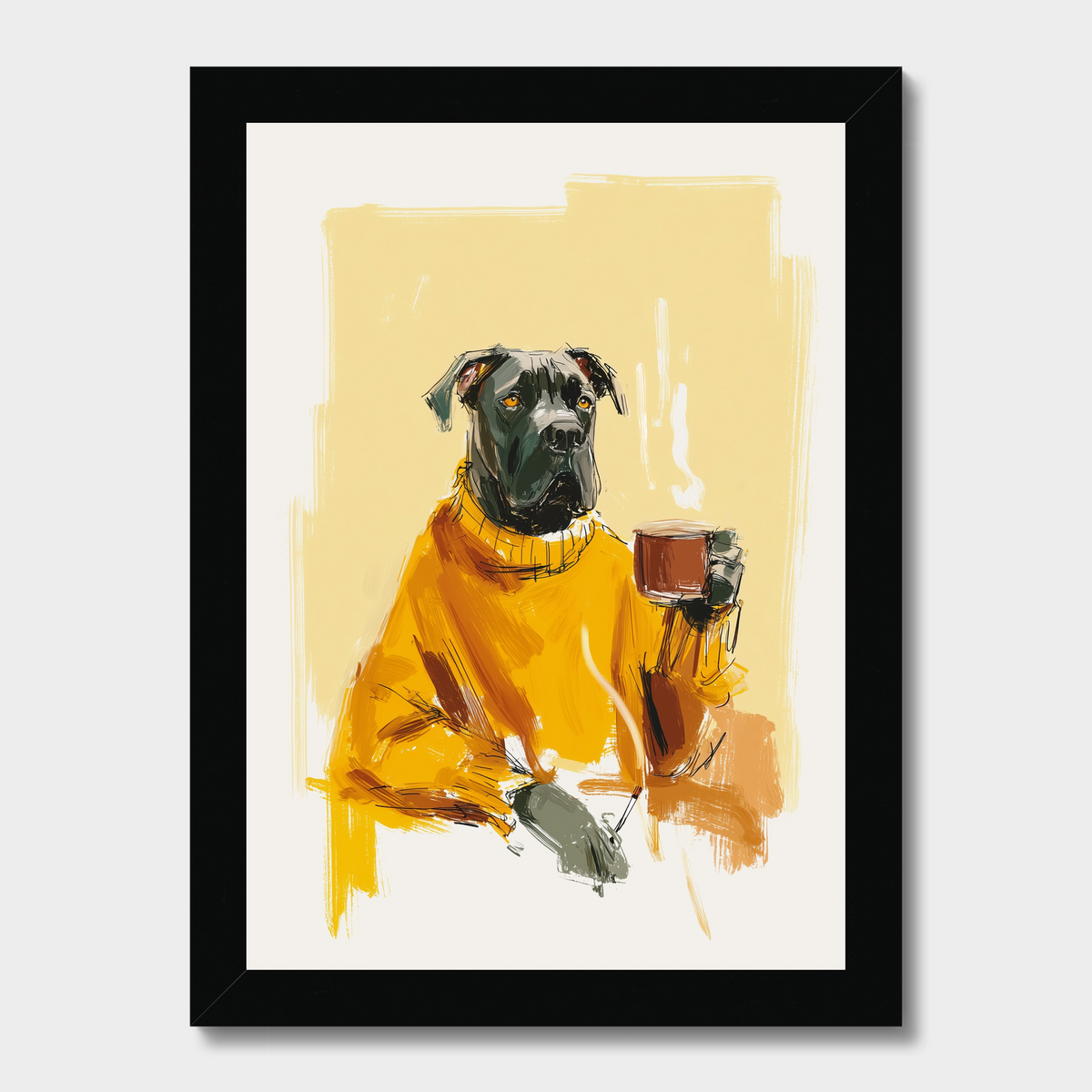 Framed wall art featuring a stylized painting of a black dog wearing a bright yellow sweater and holding a mug, shown against a light gray background.