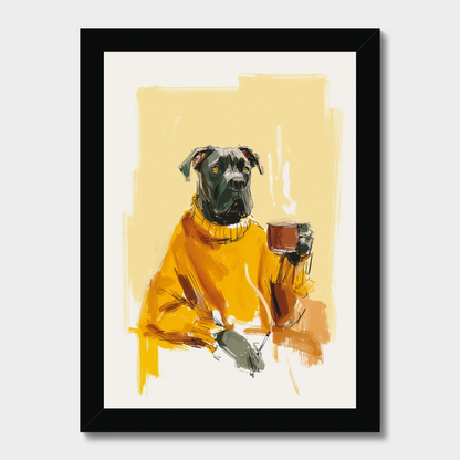 Framed wall art featuring a stylized painting of a black dog wearing a bright yellow sweater and holding a mug, shown against a light gray background.