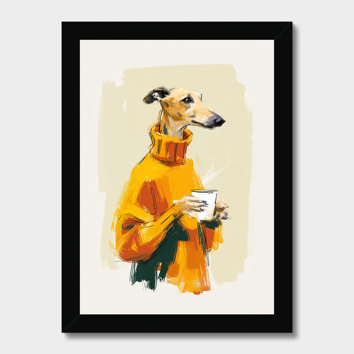 Framed art print featuring a stylized illustration of a greyhound dog wearing a bright orange sweater and holding a white mug, set against a light beige background with a black frame.