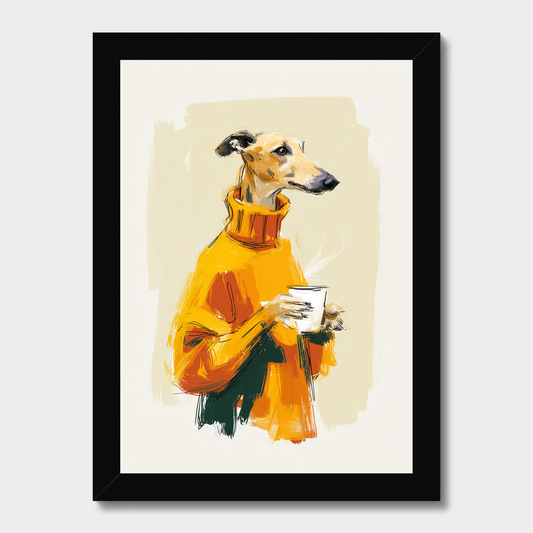 Framed art print featuring a stylized illustration of a greyhound dog wearing a bright orange sweater and holding a white mug, set against a light beige background with a black frame.