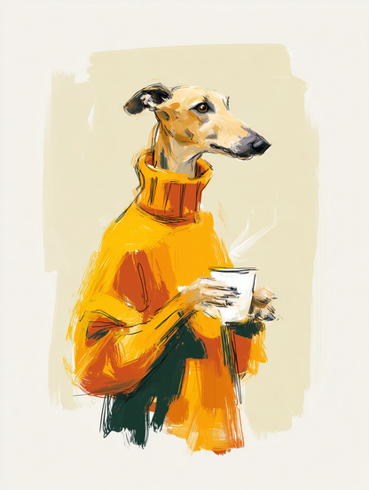 A stylized illustration of a grayhound dog wearing a bright orange turtleneck sweater and holding a white coffee cup, set against a warm beige background.