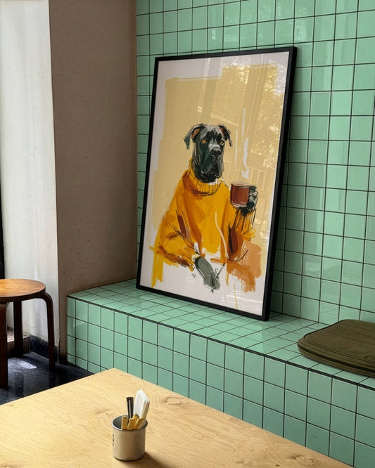 A framed art print featuring a black dog in a yellow sweater holding a coffee cup, leaning against a mint green tiled wall on a wooden table in a cafe setting.