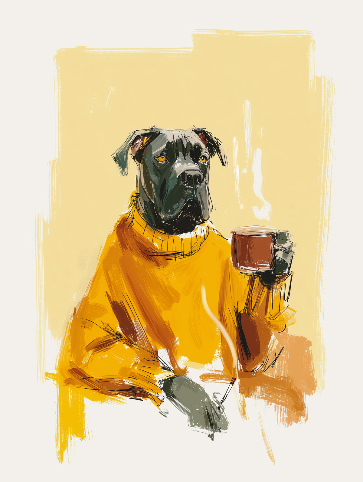 A stylized painting of a black dog wearing a bright yellow sweater and holding a brown mug, set against a warm cream and yellow background.