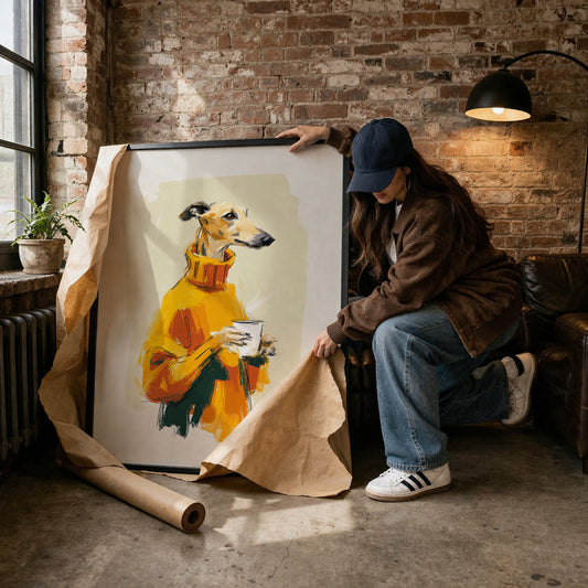 Person unrolling a large painting of a dog in a yellow coat against a brick wall.