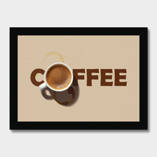 Framed wall art featuring a coffee cup and the word "COFFEE" in large brown letters on a beige background, shown in a black frame against a light gray wall.