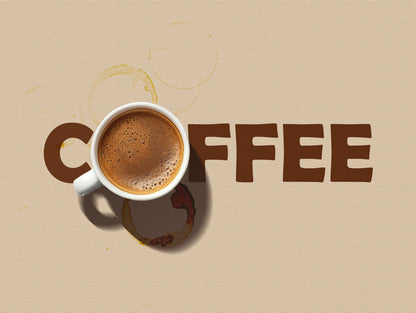 A white ceramic coffee mug filled with espresso sits on a beige textured background next to large brown letters spelling COFFEE, with coffee-ring stains above and below the cup.