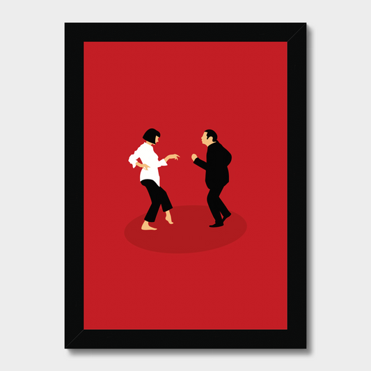 Framed artwork of two people in a dance pose on a red background