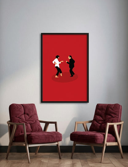 A framed minimalist art print featuring two figures sparring on a solid red background, hung on a light gray wall above two matching burgundy armchairs.