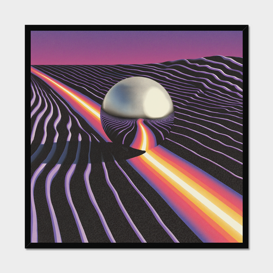 Surreal landscape with a spherical object and colorful light beams on a black background