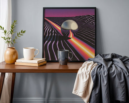 A framed surreal art print leaning on a wooden console table in a styled room. The print features a mushroom cloud over black wavy lines under a purple and pink sky.